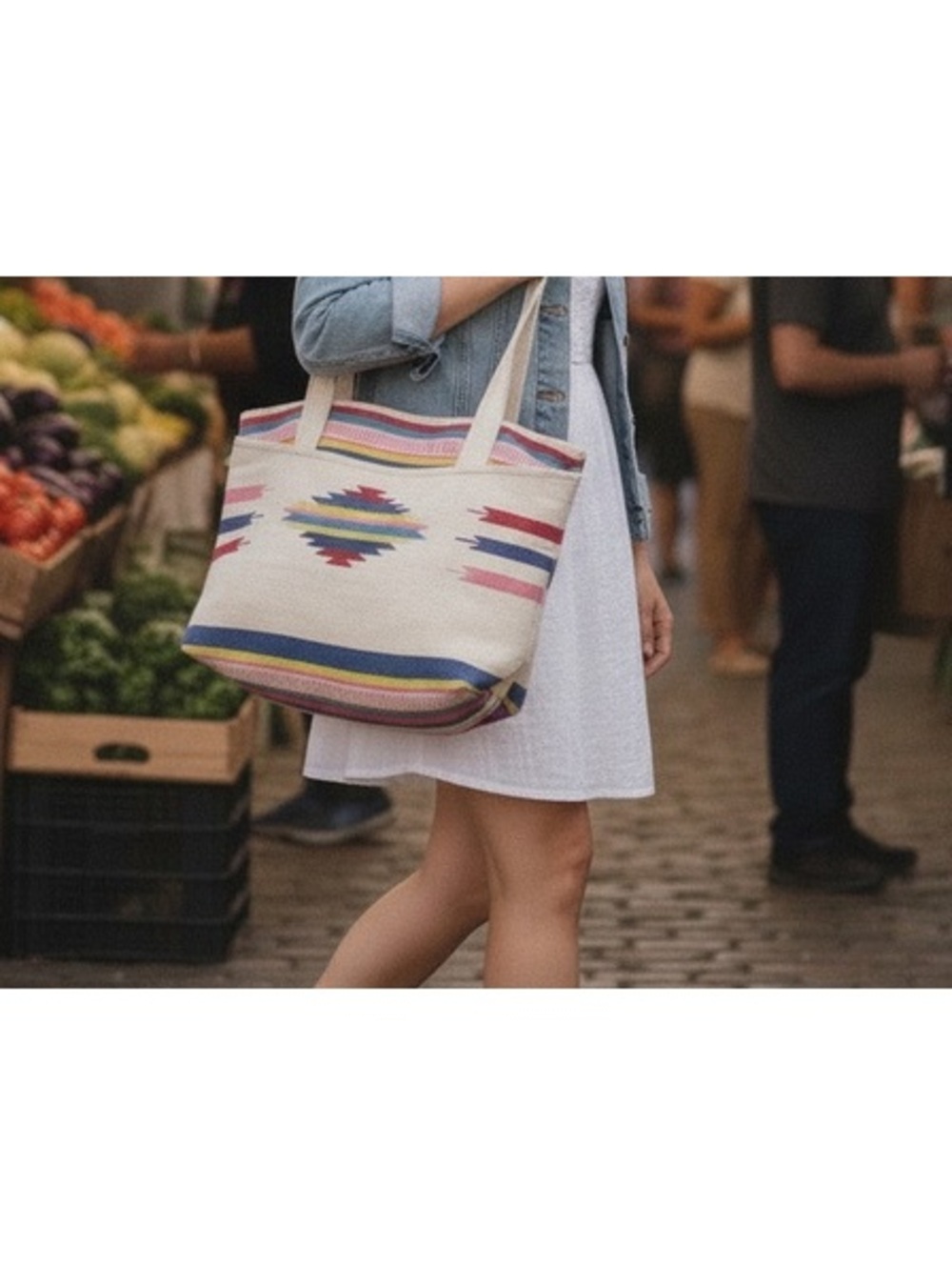 Vintage Southwest Woven Canvas Tote Bag Aztec Geometric Rainbow Shoulder Purse